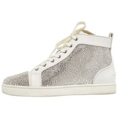 Christian Louboutin White Leather Crystal Louis Strass High Top Sneakers Size 40