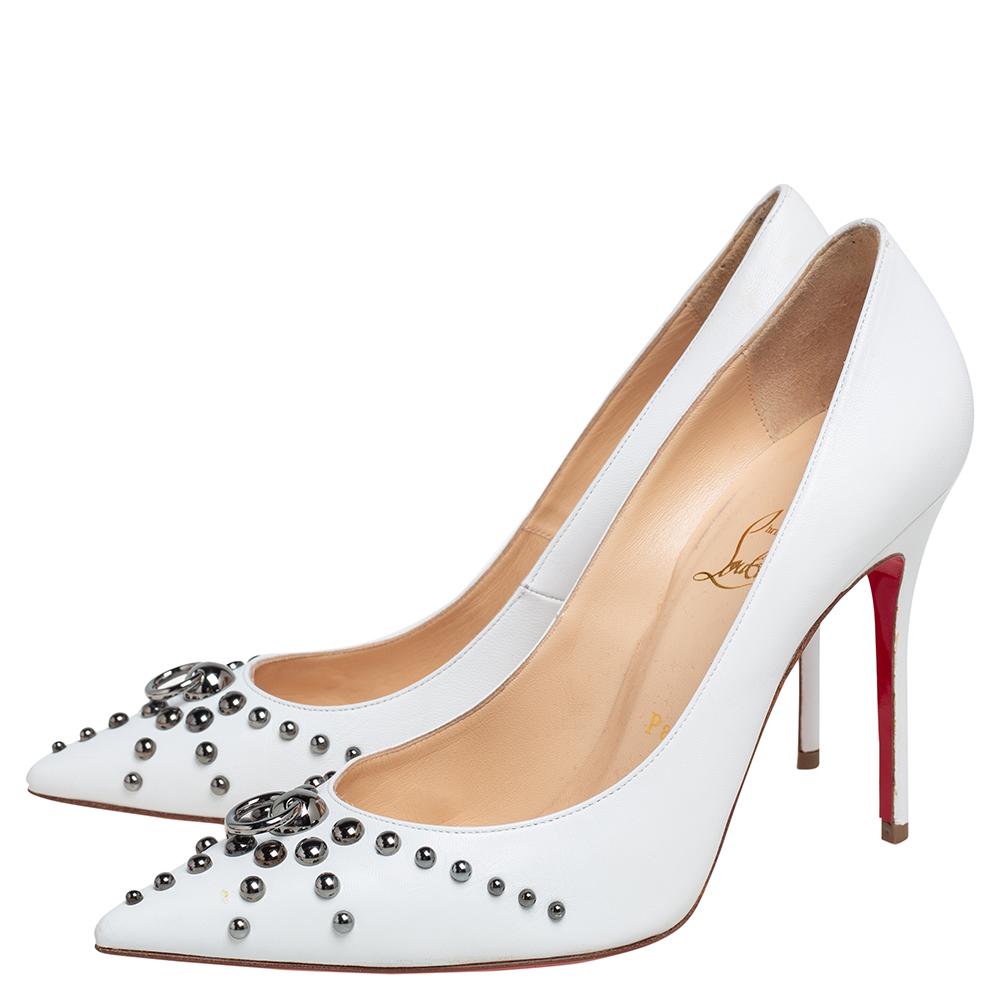 Women's Christian Louboutin White Leather Door Knock Studded Pumps Size 38