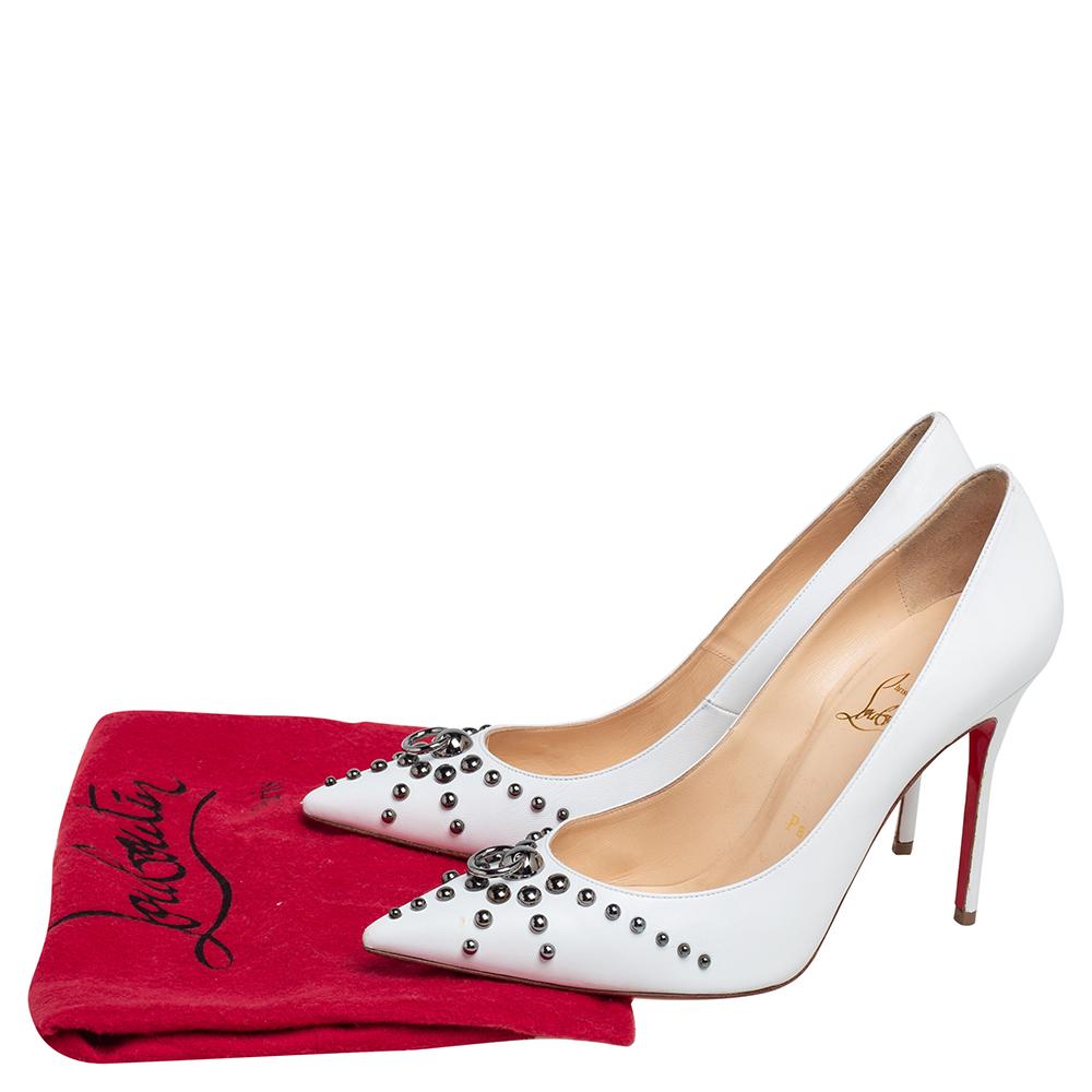 Christian Louboutin White Leather Door Knock Studded Pumps Size 38 1