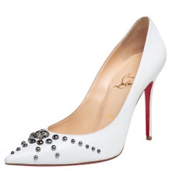 Christian Louboutin White Leather Door Knock Studded Pumps Size 38