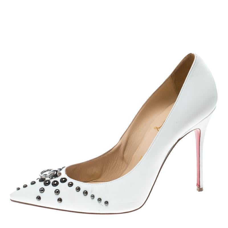 Christian Louboutin White Leather Door Knock Studded Pumps Size 39 1