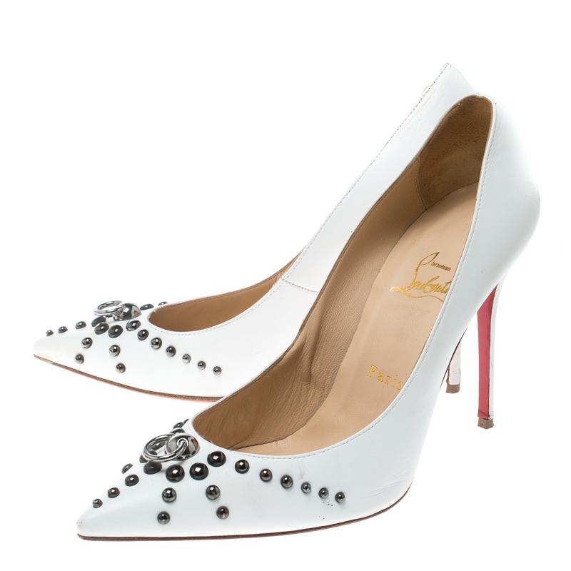 Christian Louboutin White Leather Door Knock Studded Pumps Size 39 2