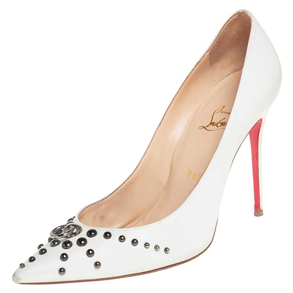 Christian Louboutin White Leather Door Knock Studded Pumps Size 41