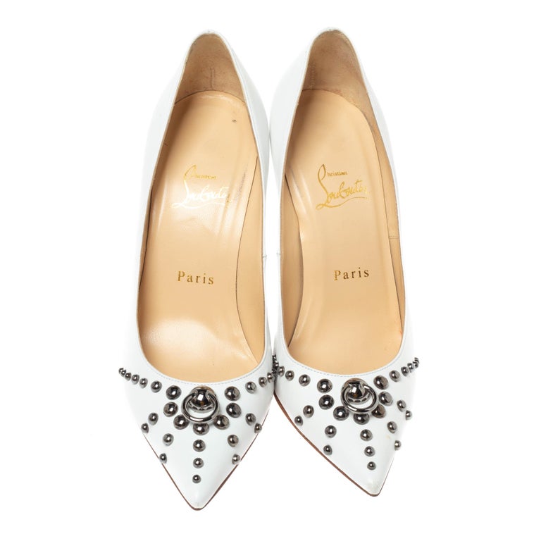 Christian Louboutin White Leather Door Nock Studded Pointed Toe Pumps ...
