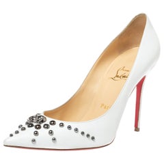 Christian Louboutin White Leather Door Nock Studded Pointed Toe Pumps Size 38