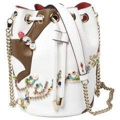 Christian Louboutin White Leather Jewel Embellished  Drawstring Bucket Bag