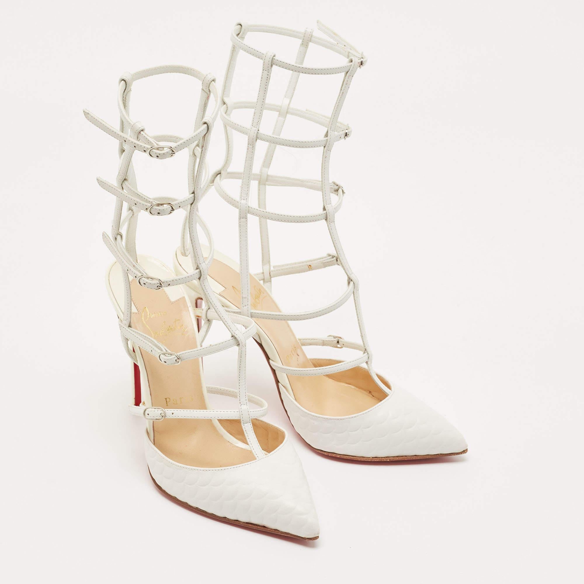 Women's Christian Louboutin White Leather Kadreyana Cage Pointed Toe Pumps Size 36