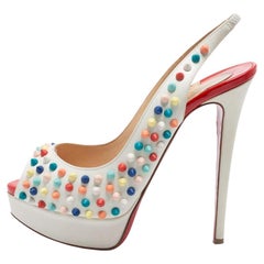 Christian Louboutin White Leather Lady Peep Multicolor Spikes Pumps Size 38.5