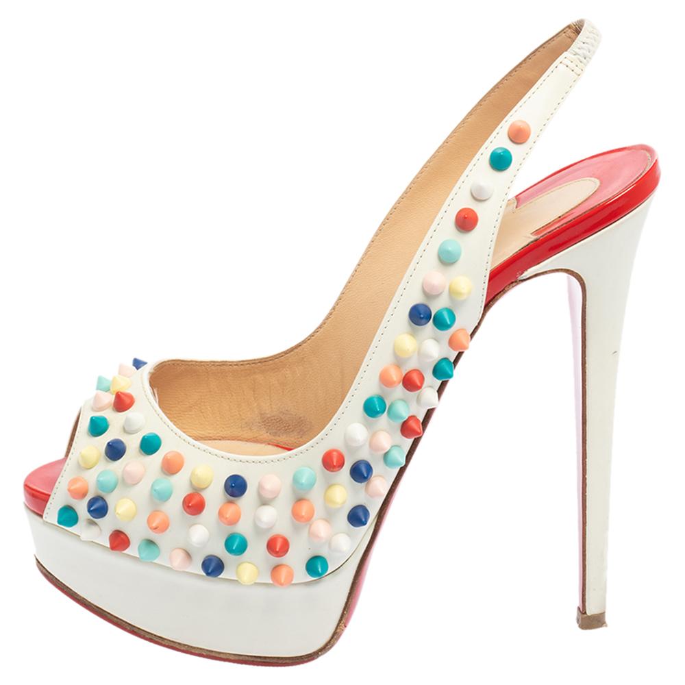 Christian Louboutin Weiße Leder Lady Peep Spikes Slingback-Sandalen Größe 36,5 1