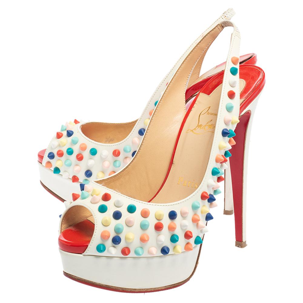 Christian Louboutin Weiße Leder Lady Peep Spikes Slingback-Sandalen Größe 36,5 4