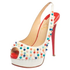 Christian Louboutin White Leather Lady Peep Spikes Slingback Sandals Size 36.5