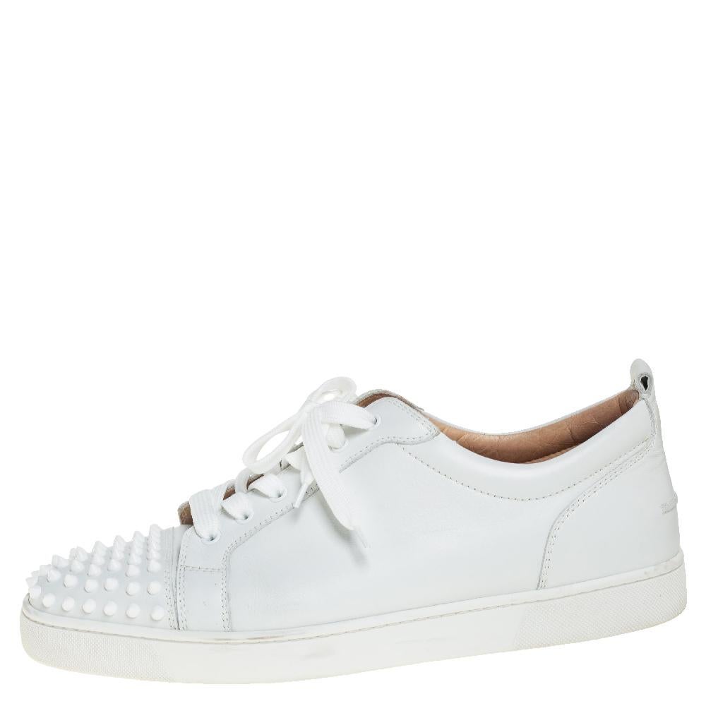 Men's Christian Louboutin White Leather Louis Junior Spikes Sneakers Size 45.5