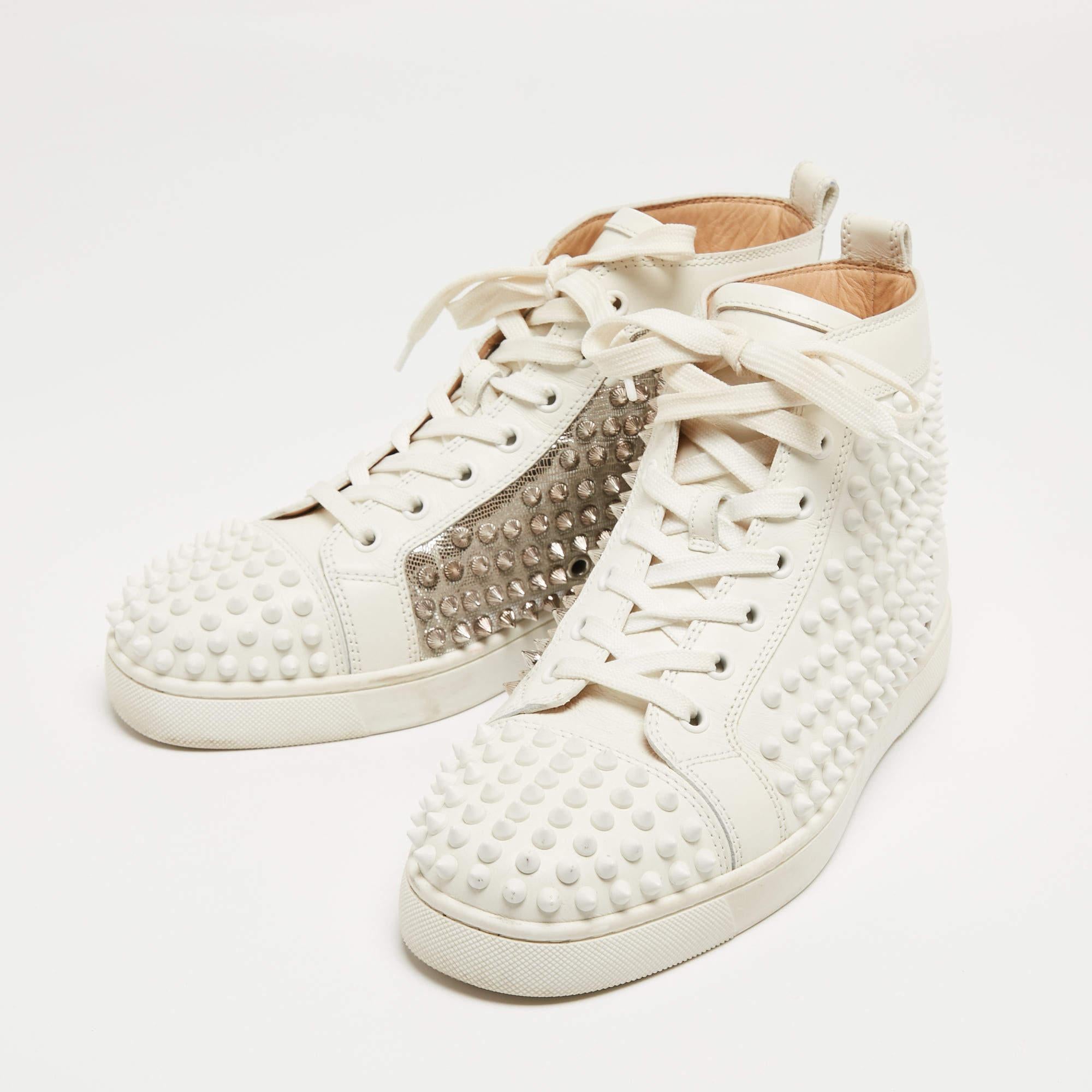 Christian Louboutin White Leather Louis Spikes High Top Sneakers Size 39 For Sale 2