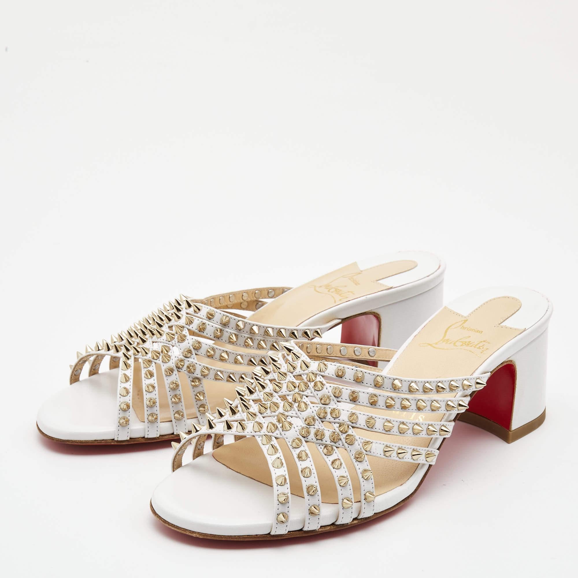 Women's Christian Louboutin White Leather Martha Spike Slide Sandals Size 34.5 For Sale