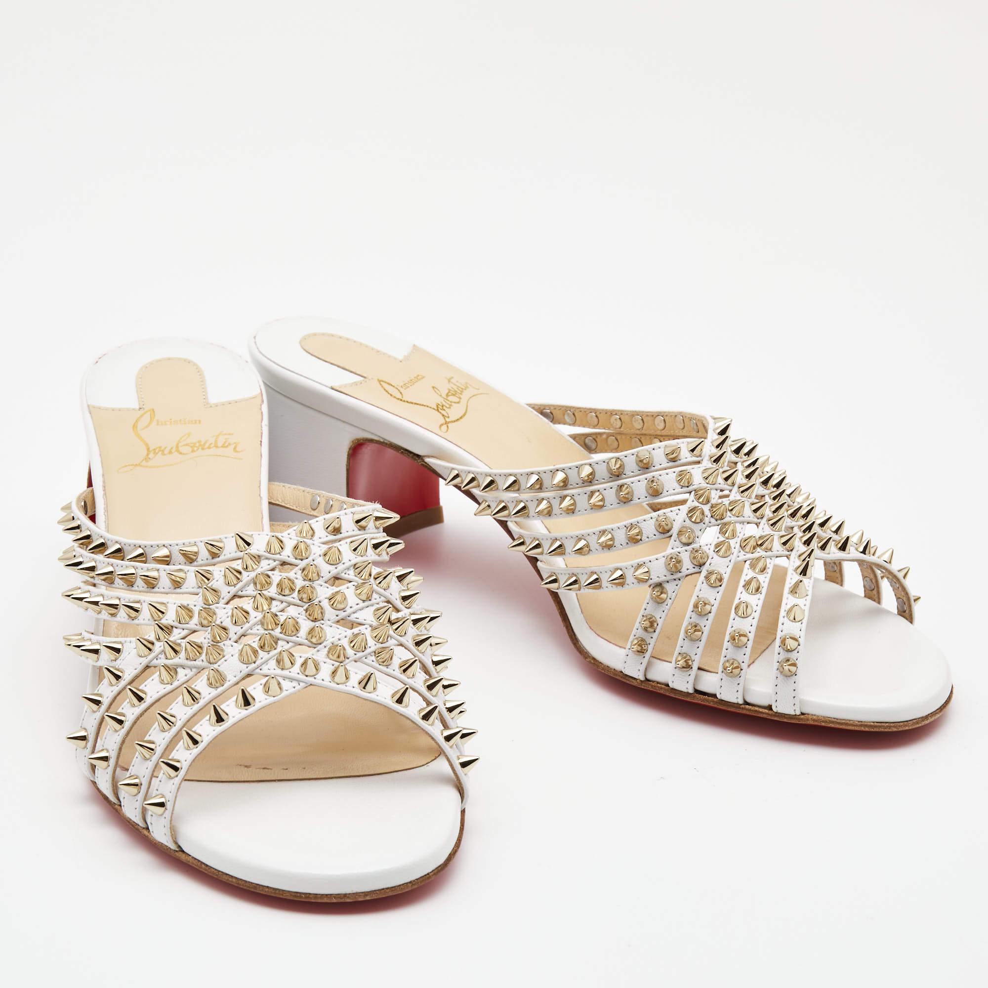 Christian Louboutin White Leather Martha Spike Slide Sandals Size 34.5 For Sale 1