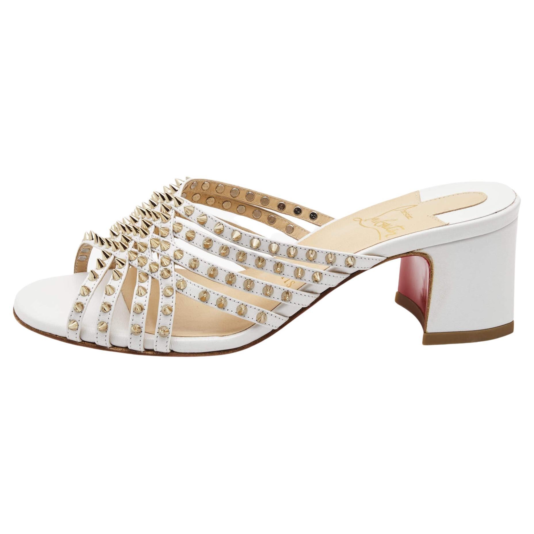 Christian Louboutin White Leather Martha Spike Slide Sandals Size 34.5 For Sale
