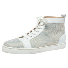 Christian Louboutin White Leather Rantus Crystal Embellished Sneakers Size 45.5