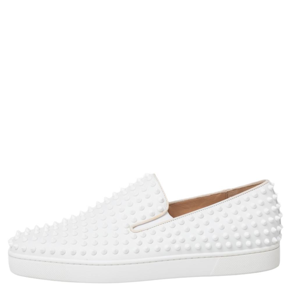 Christian Louboutin Weiß Leder Roller Boat Spike Slip auf Turnschuhe Größe 44,5 Herren