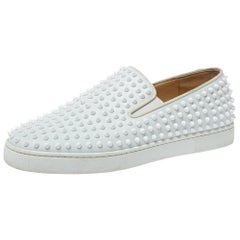 Christian Louboutin White Leather Roller Boat Spiked Slip On Sneakers Size 44.5
