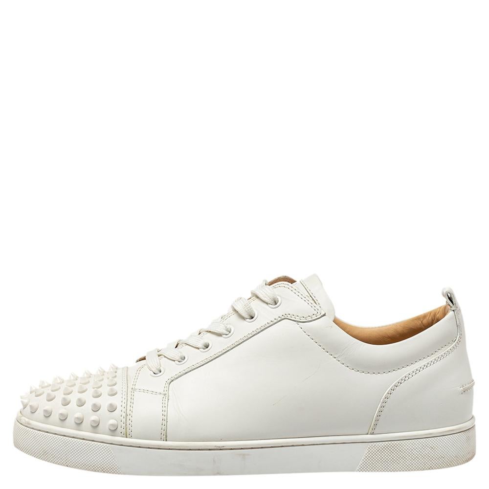 Men's Christian Louboutin White Leather Spikes Sneakers Size 45