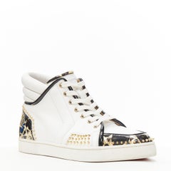CHRISTIAN LOUBOUTIN white leather stone patent spike stud high top sneakers EU42