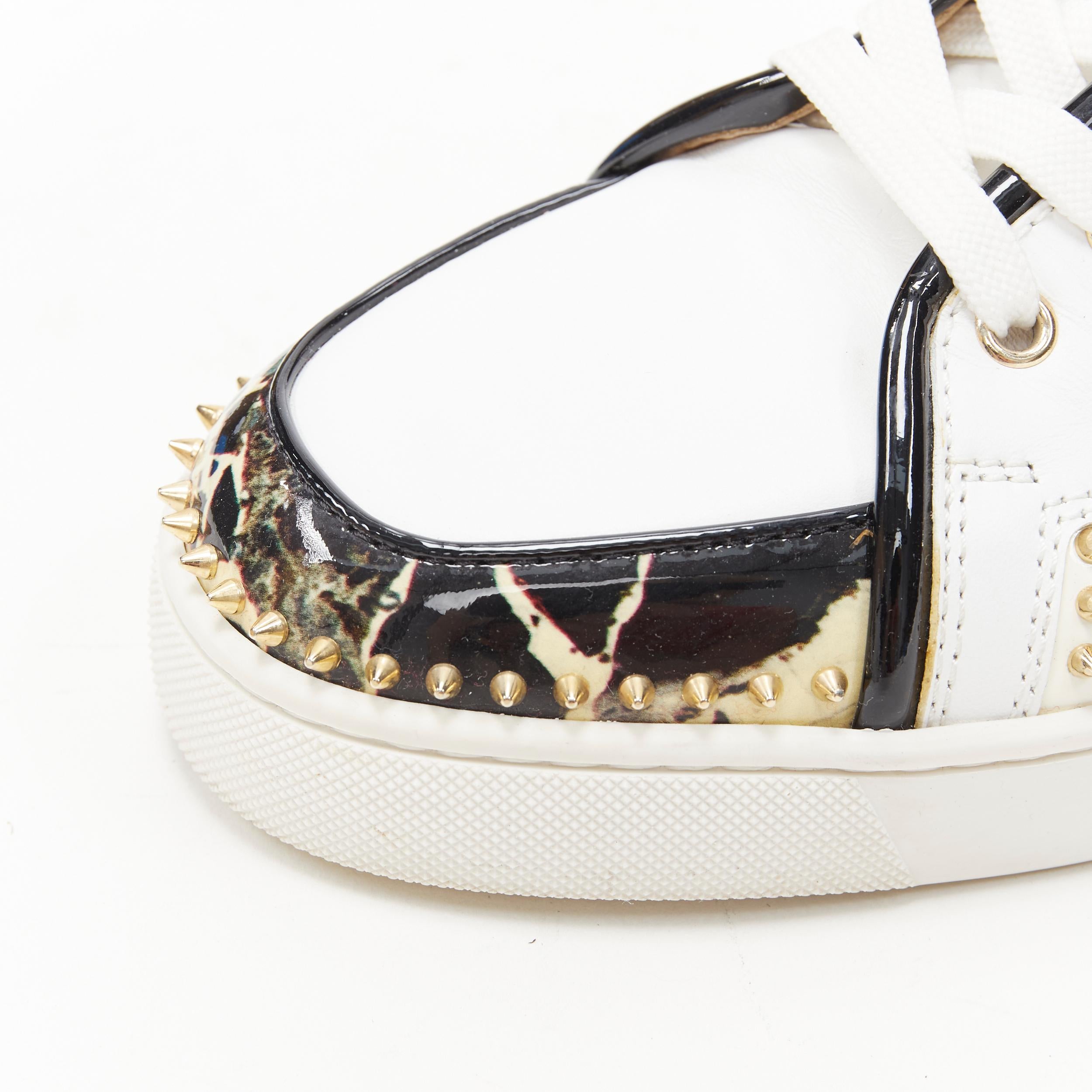 CHRISTIAN LOUBOUTIN white leather stone patent spike stud high top sneakers EU42 1