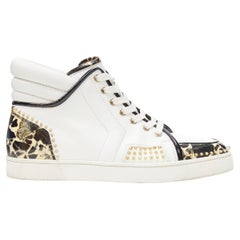 CHRISTIAN LOUBOUTIN white leather stone patent spike stud high top sneakers EU42