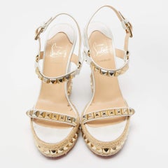 Christian Louboutin White Leather Studded Cataclou Espadrille Wedge Sandals Size