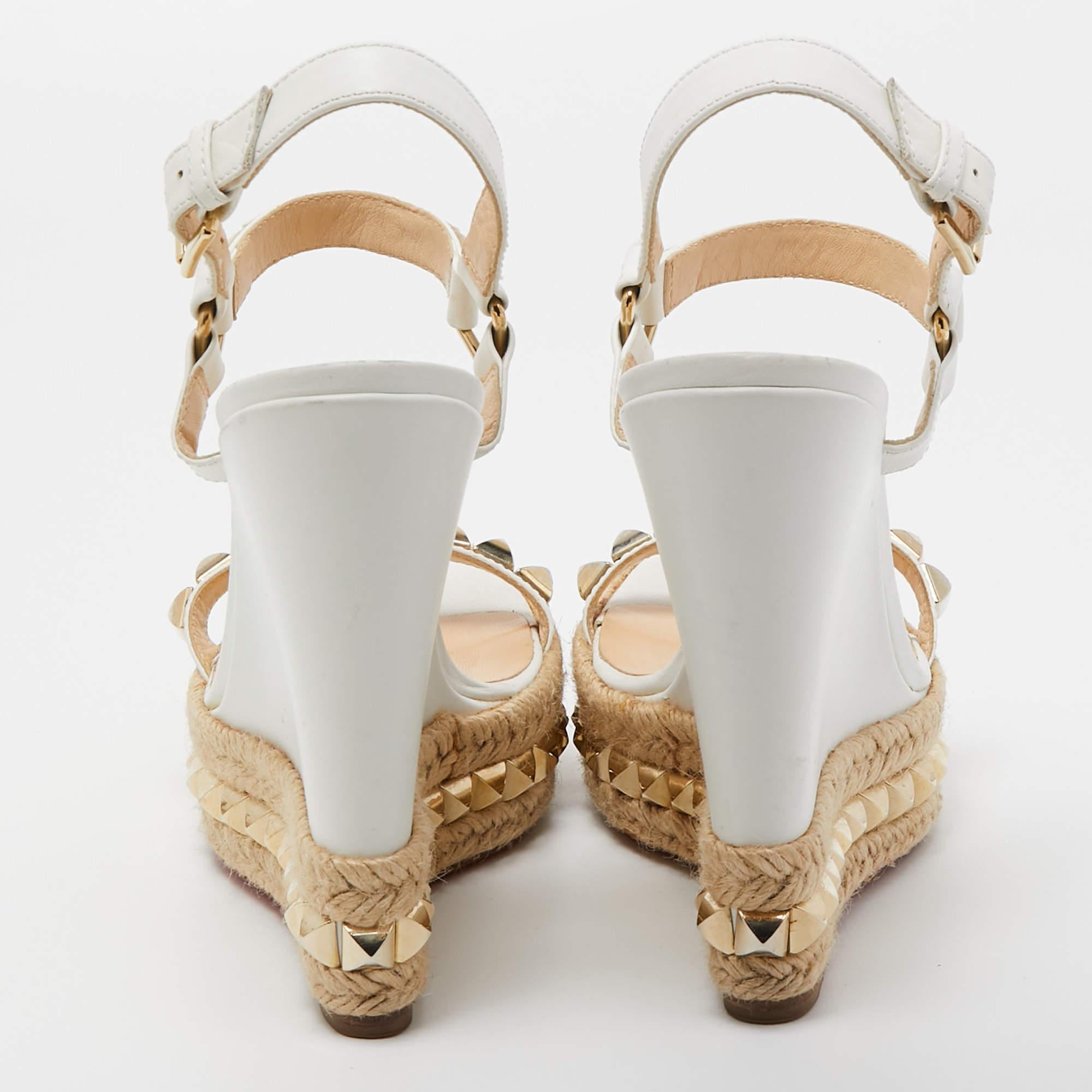 Christian Louboutin White Leather Studded Cataclou Espadrille Wedge Sandals Size In Good Condition In Dubai, Al Qouz 2