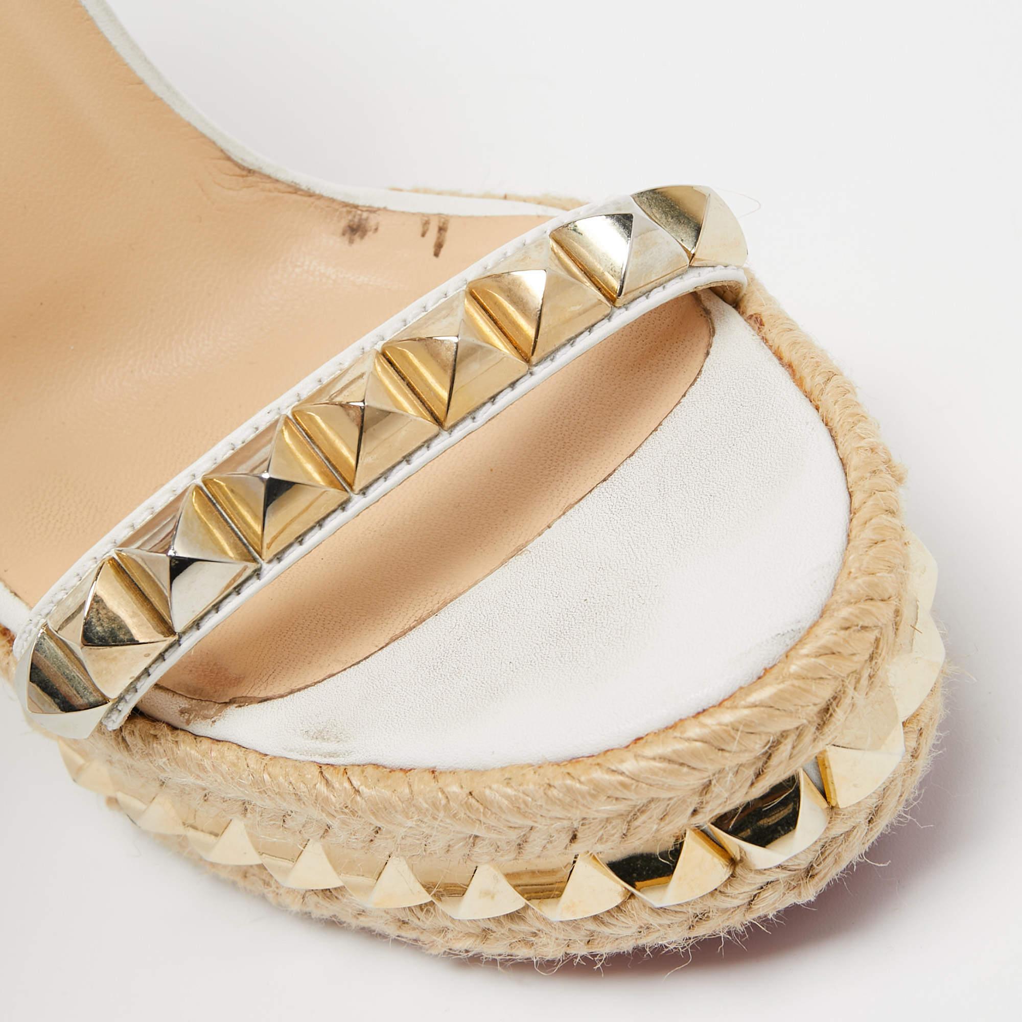 Christian Louboutin White Leather Studded Cataclou Espadrille Wedge Sandals Size 2