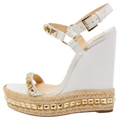 Christian Louboutin White Leather Studded Cataclou Espadrille Wedge Sandals Size