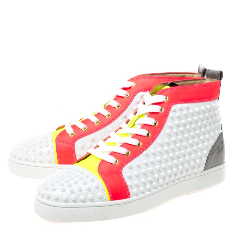 Men's Christian Louboutin White Leather With Louis Spikes High Top Sneakers Size 45
