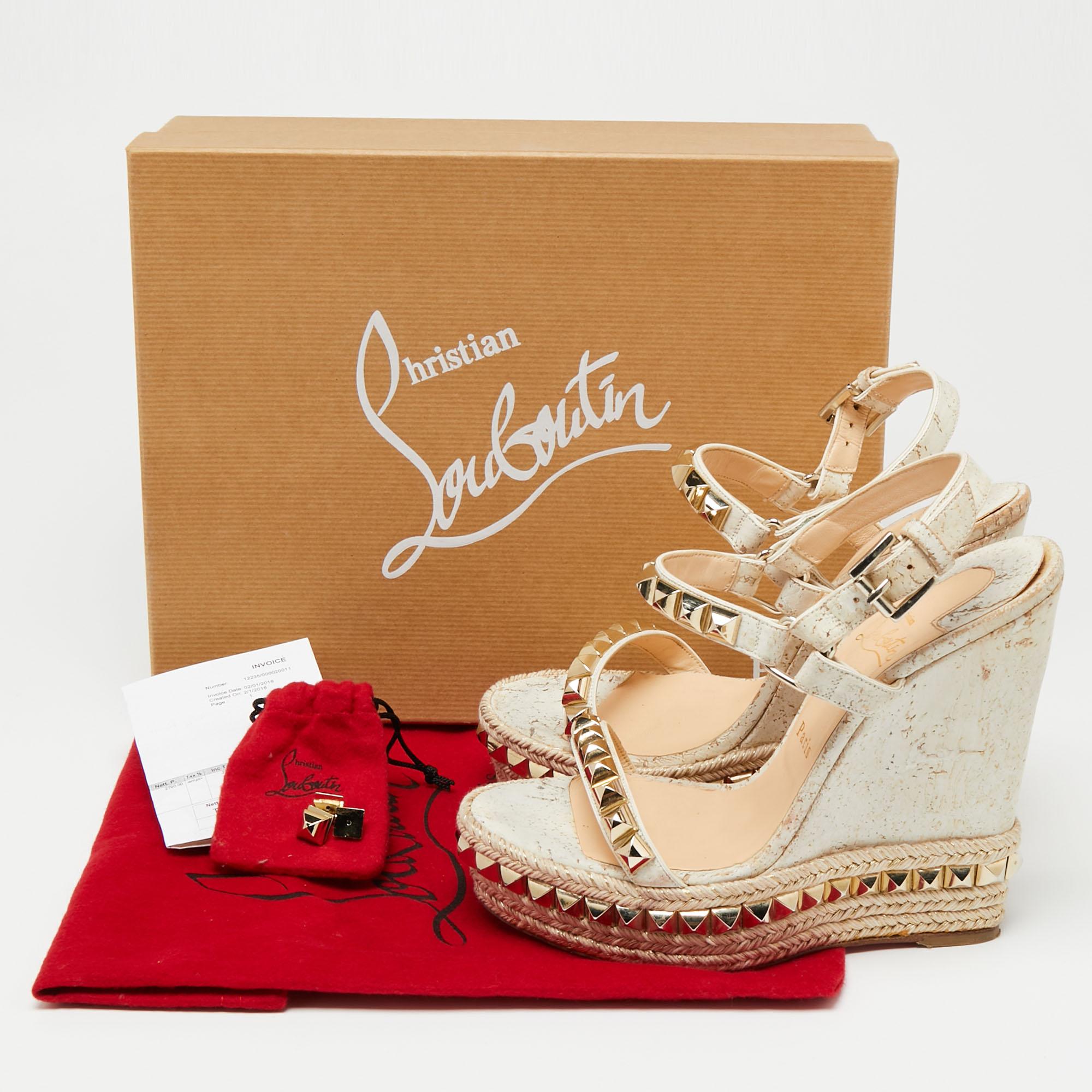 Christian Louboutin White/Light Gold Leather Cataclou Wedge Sandals Size 38 2
