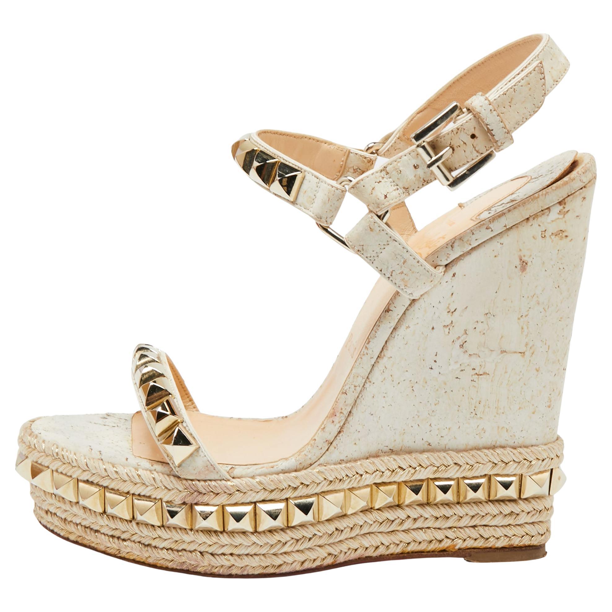 Christian Louboutin White/Light Gold Leather Cataclou Wedge Sandals Size 38