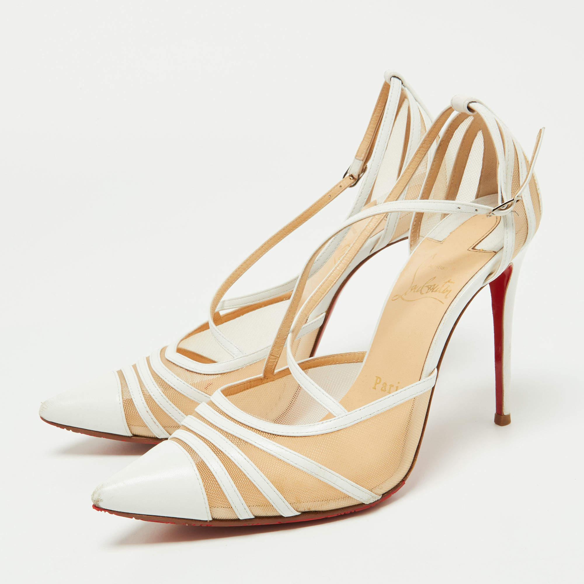 Women's Christian Louboutin White Mesh and Leather Theodorella Pumps Size 35.5 For Sale
