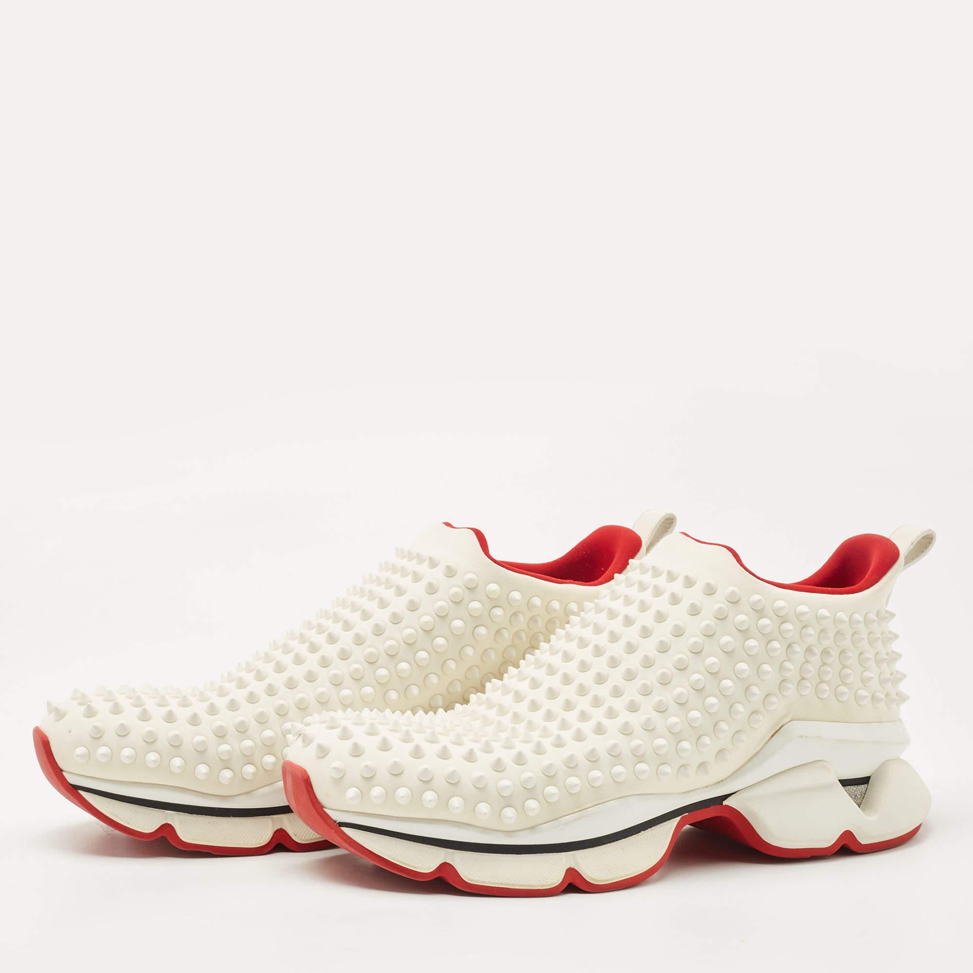 Men's Christian Louboutin White Neoprene Spike Sock Slip On Sneakers Size 41