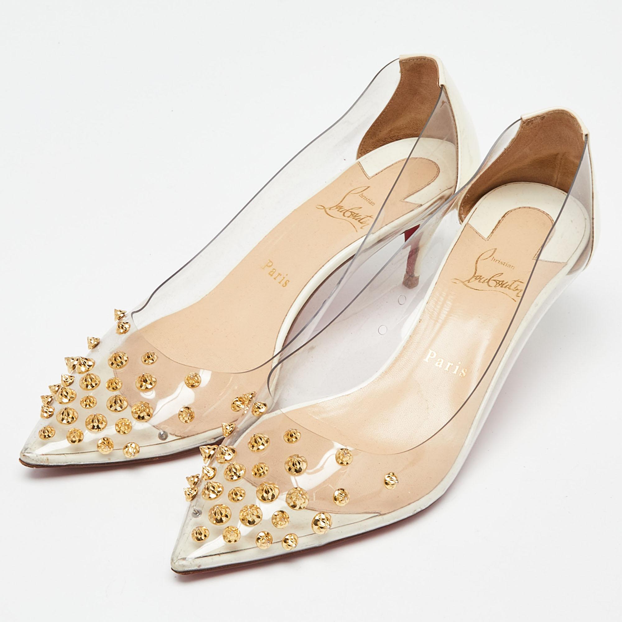 Women's Christian Louboutin White Patent Leather And PVC Collaclou Spiked Pointed Toe  For Sale