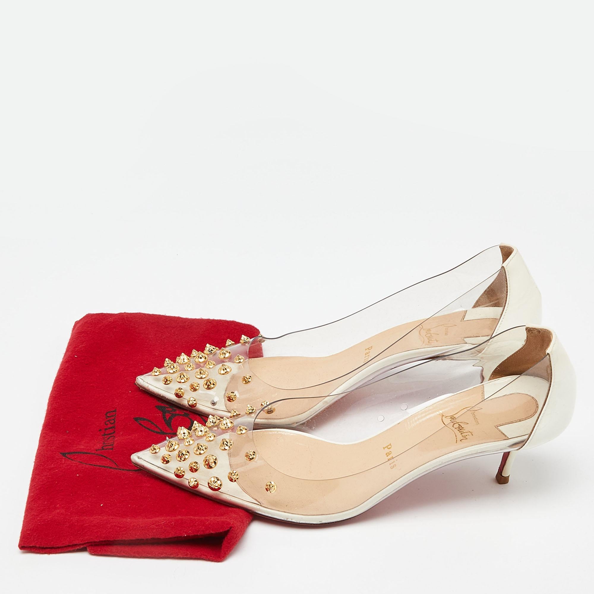 Christian Louboutin White Patent Leather And PVC Collaclou Spiked Pointed Toe  For Sale 1