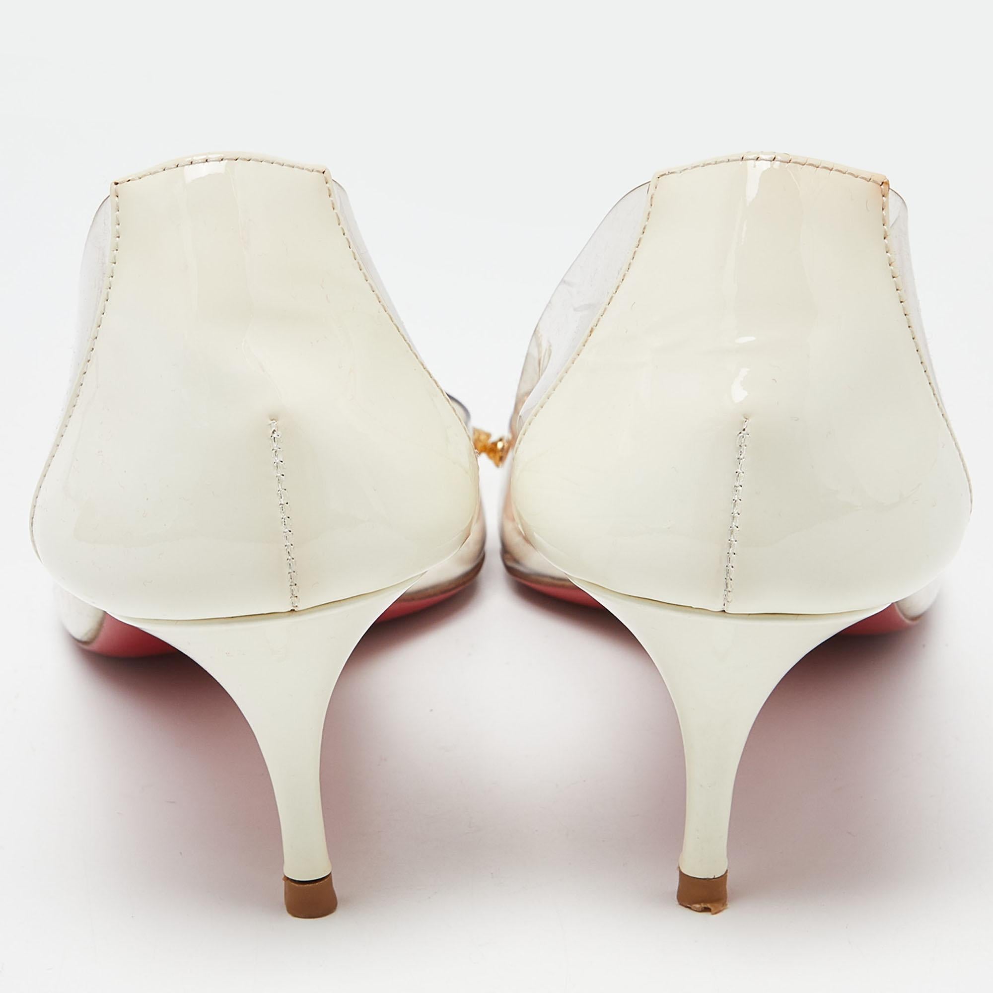 Christian Louboutin White Patent Leather And PVC Collaclou Spiked Pointed Toe  For Sale 3