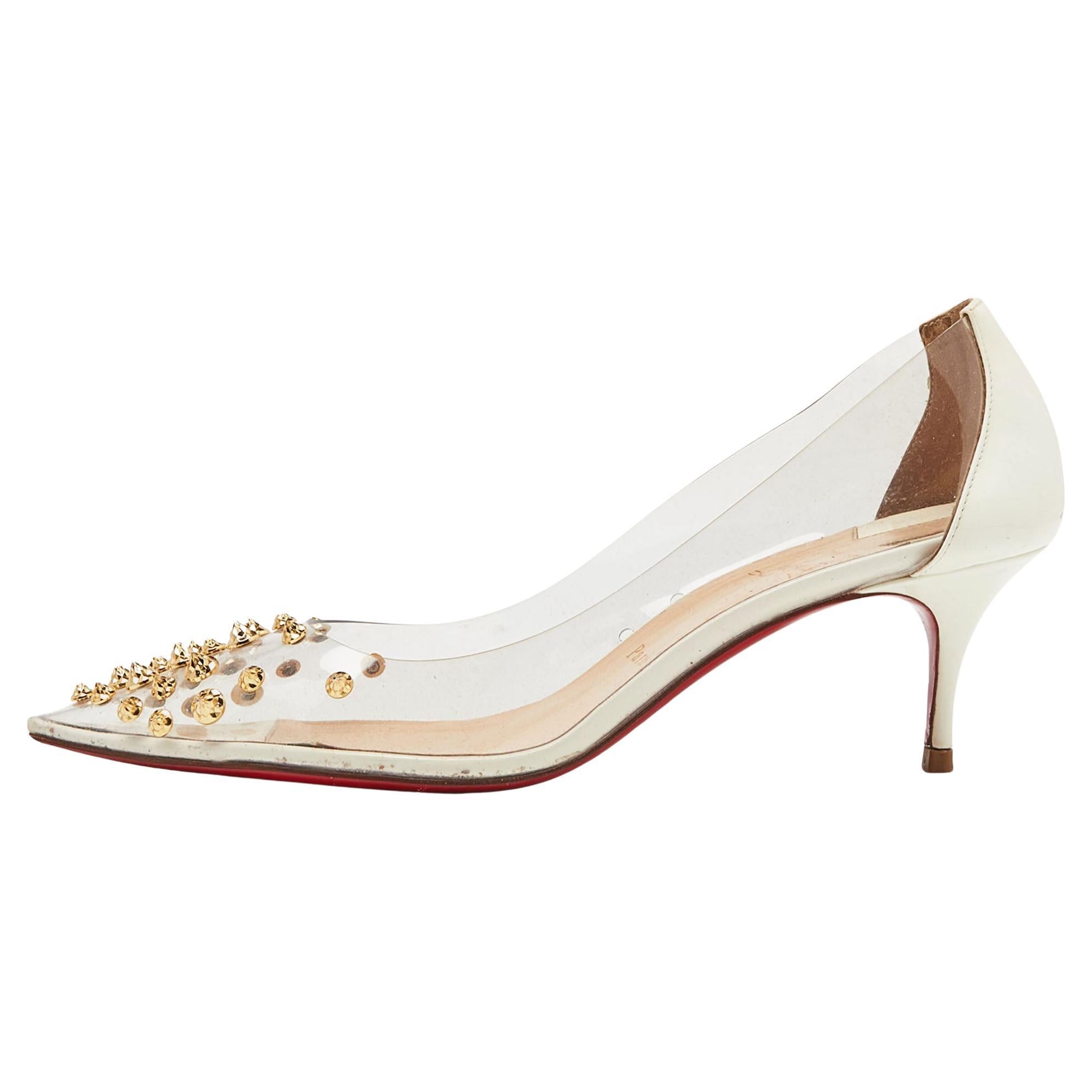Christian Louboutin White Patent Leather And PVC Collaclou Spiked Pointed Toe  For Sale