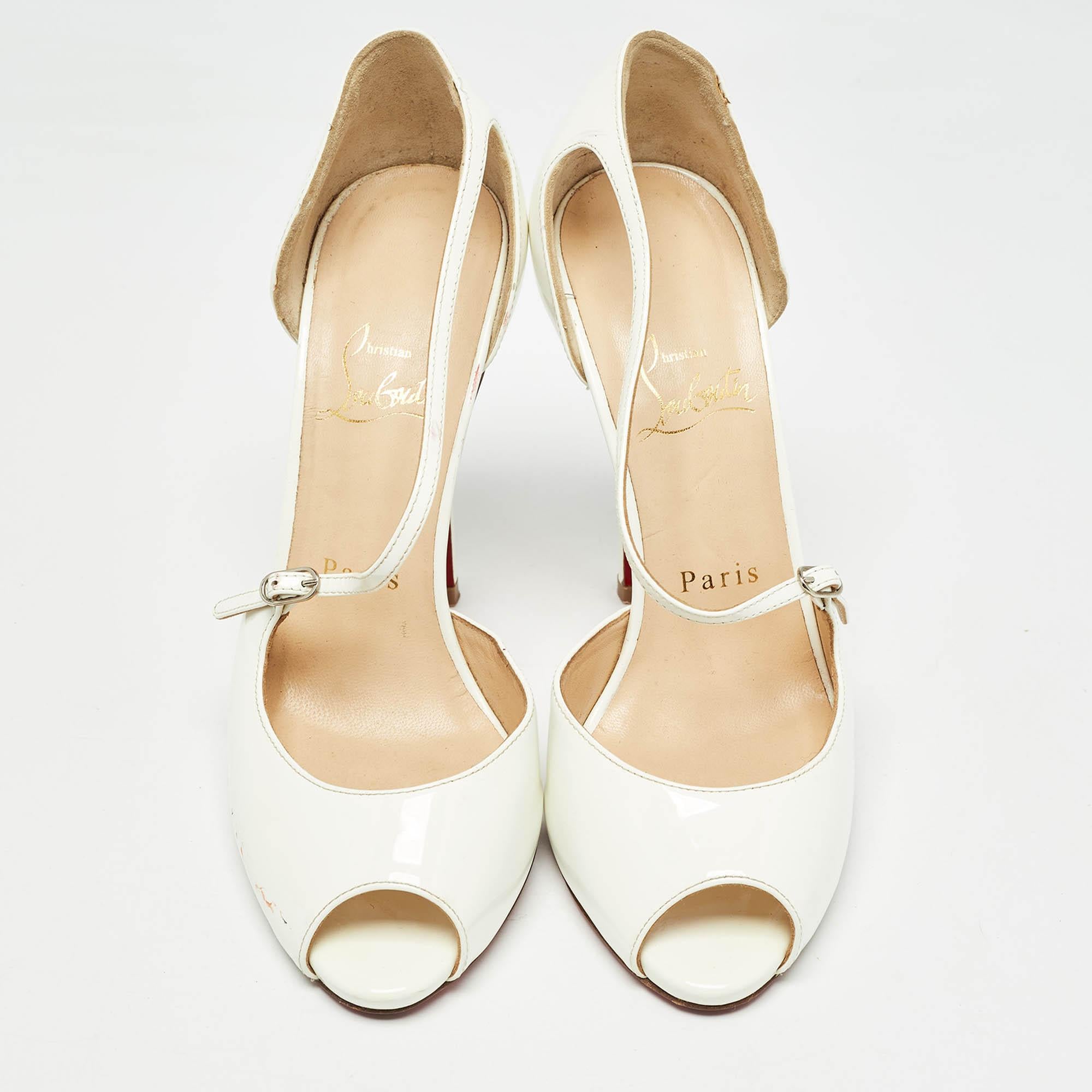 Christian Louboutin White Patent Leather Grolili Cross Strap Pumps Size 37 In Fair Condition In Dubai, Al Qouz 2