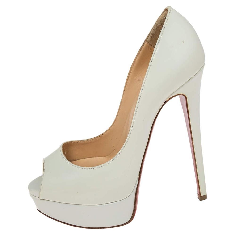 Christian Louboutin White Patent Leather Lady Peep Platform Pumps Size 35