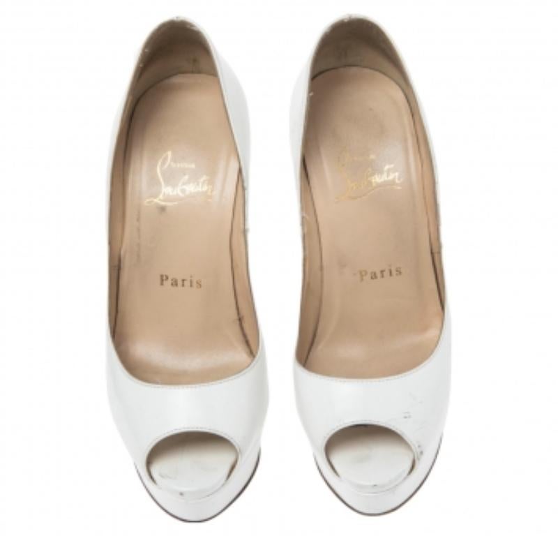 Women's Christian Louboutin White Patent Leather Lady Peep  Pumps Size 35.5