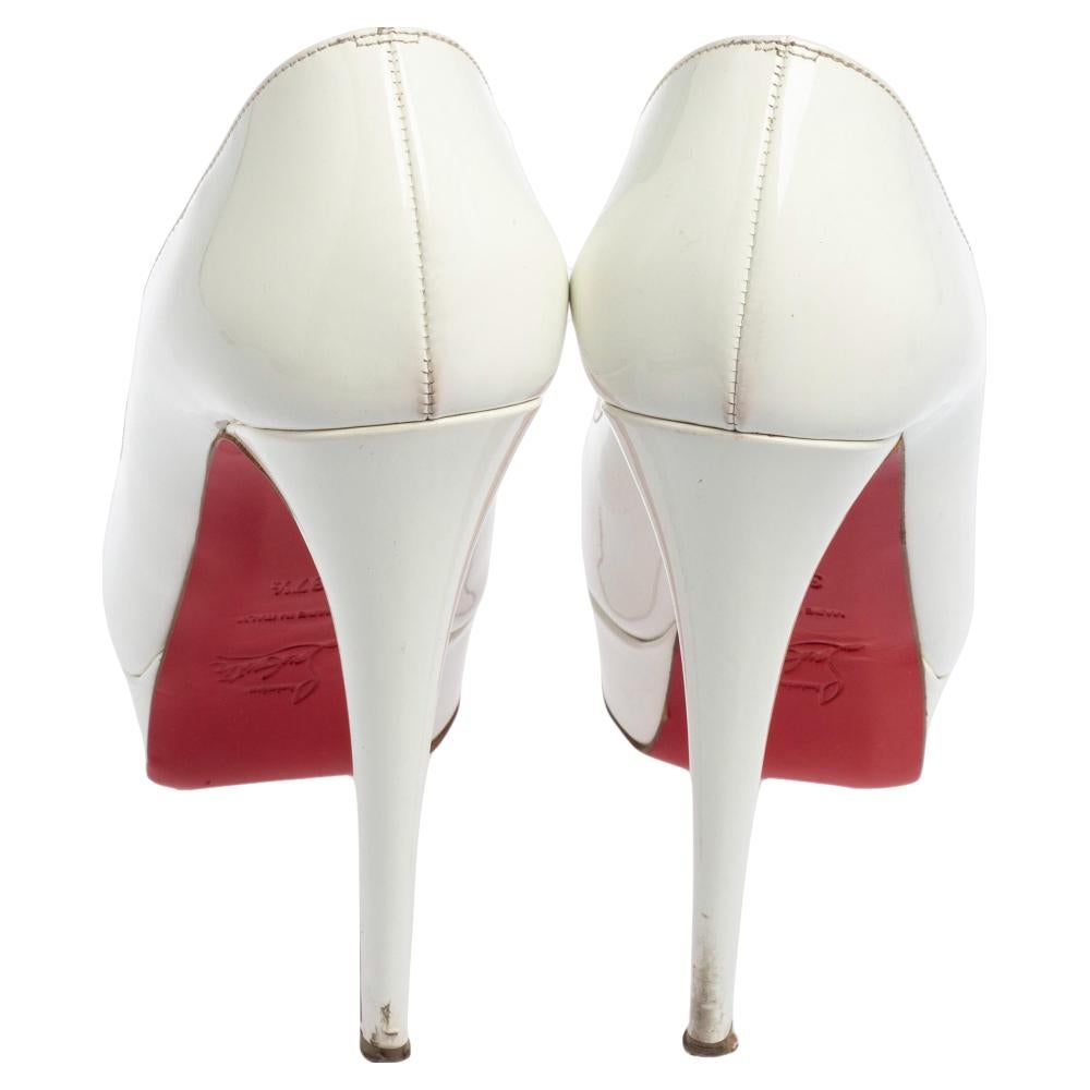 Women's Christian Louboutin White Patent Leather Lady Peep Pumps Size 37.5