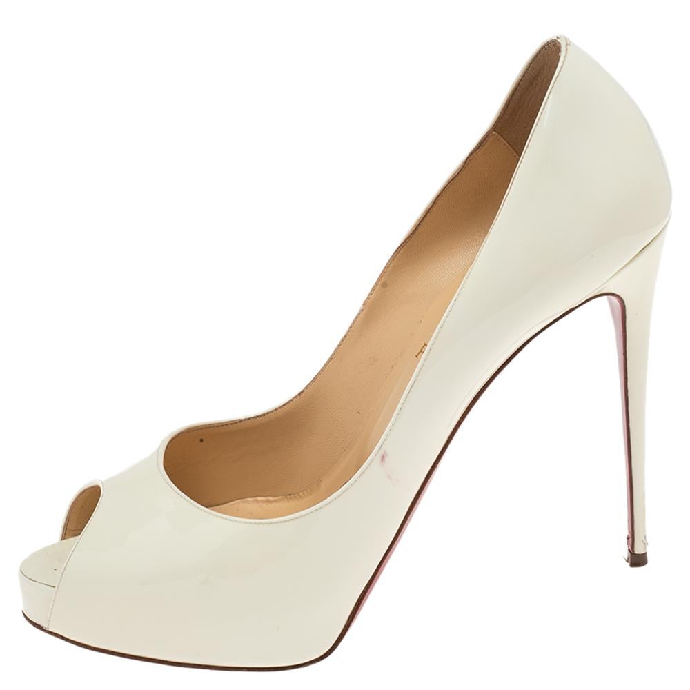 Women's Christian Louboutin White Patent Leather Lady Peep Pumps Size 40.5