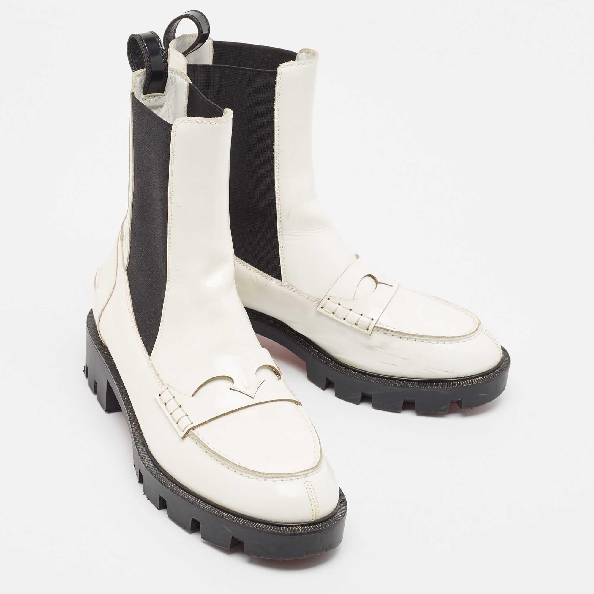 Women's Christian Louboutin White Patent Leather Montezu Ankle Length Boots Size 38