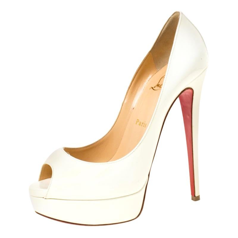Christian Louboutin White Patent Leather New Very Prive Peep Toe Pumps Size 39