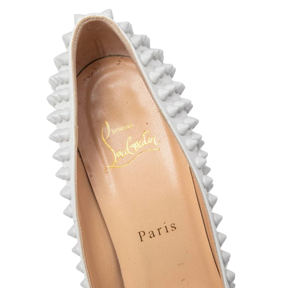 Women's Christian Louboutin White Patent Leather Pigalle Follies Spikes Pumps Size 37