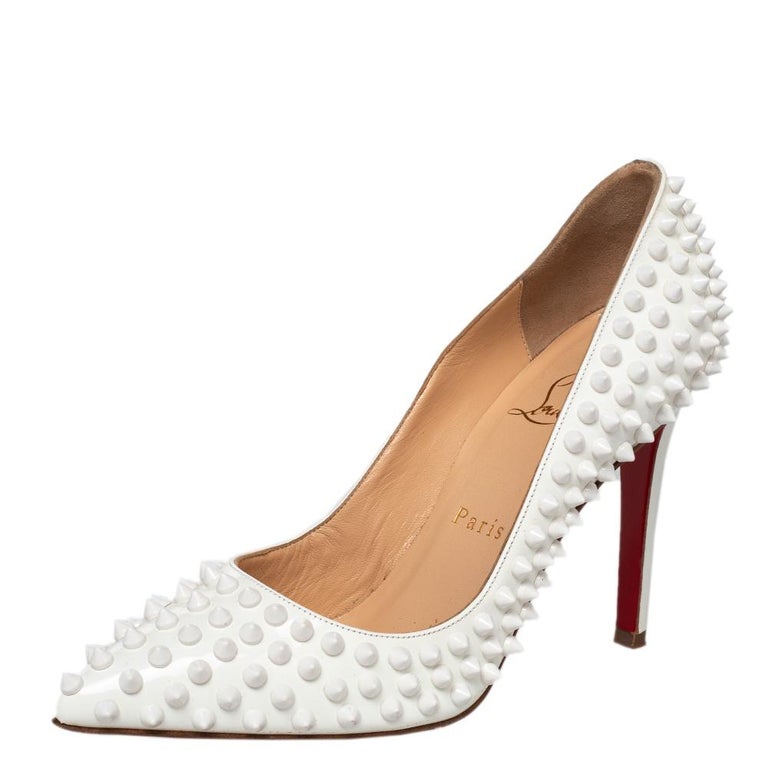 Christian Louboutin White Patent Leather Pigalle Follies Spikes Pumps Size  37 at 1stDibs