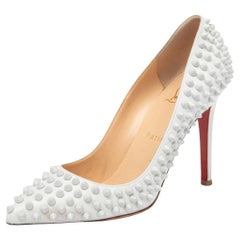 Christian Louboutin White Patent Leather Pigalle Follies Spikes Pumps Size 37